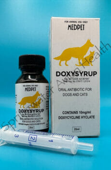 Doxysyrup box, bottle and dosing syringe.